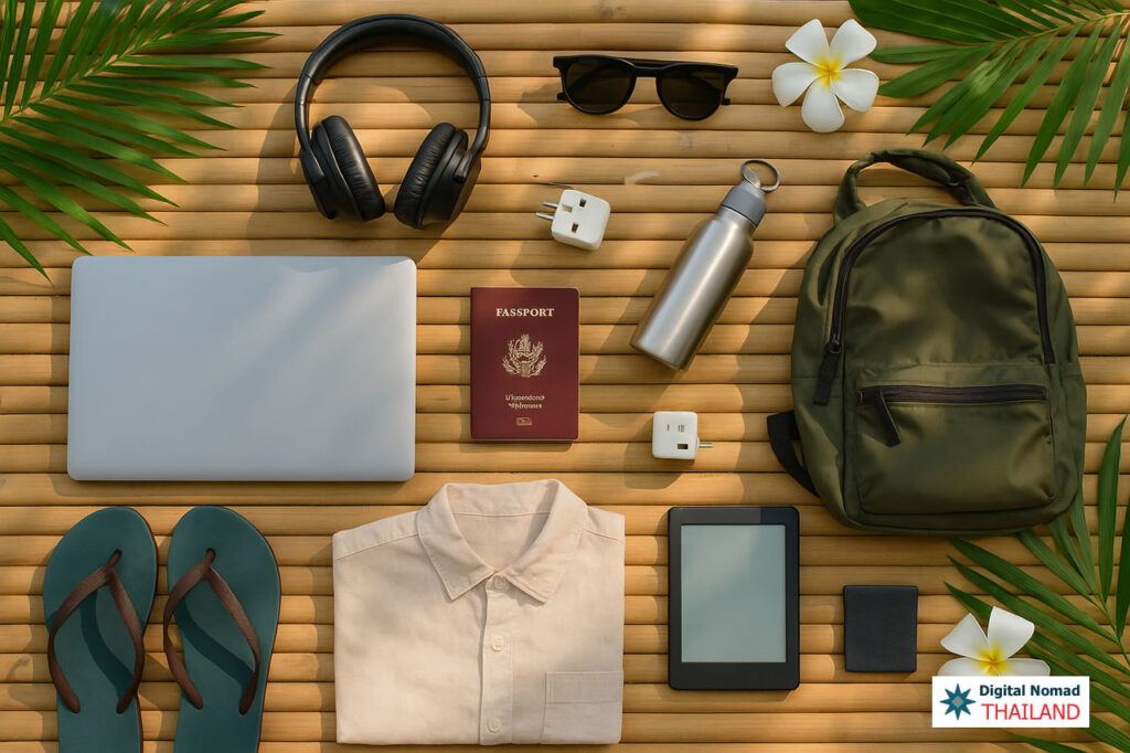 Flat lay of digital nomad essentials on a bamboo mat with palm leaves and plumeria flowers, including a laptop, backpack, flip-flops, passport, and headphones.