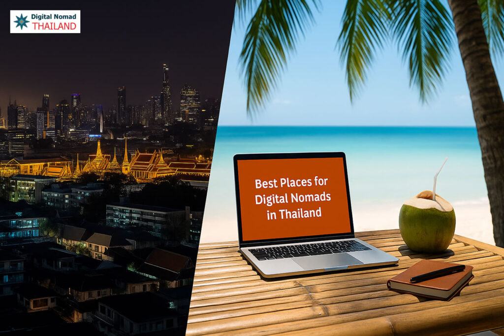Split image of Bangkok city skyline at night and a tropical beach workspace — highlighting Thailand’s top digital nomad hubs