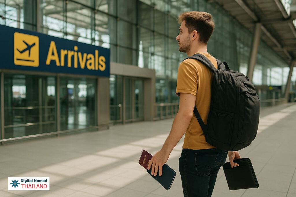 Digital nomad arriving at Suvarnabhumi Airport in Bangkok with backpack, laptop case, and passport in hand, ready to start remote work in Thailand