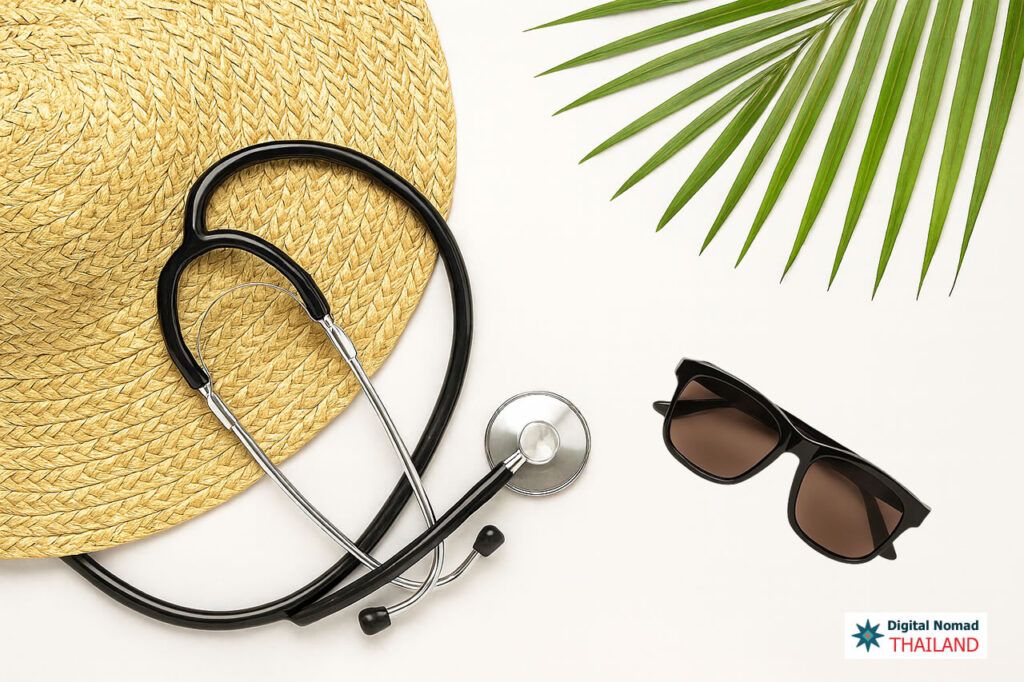 Flat lay of a beach hat, stethoscope, sunglasses, and palm leaf symbolizing health insurance for digital nomads in Thailand