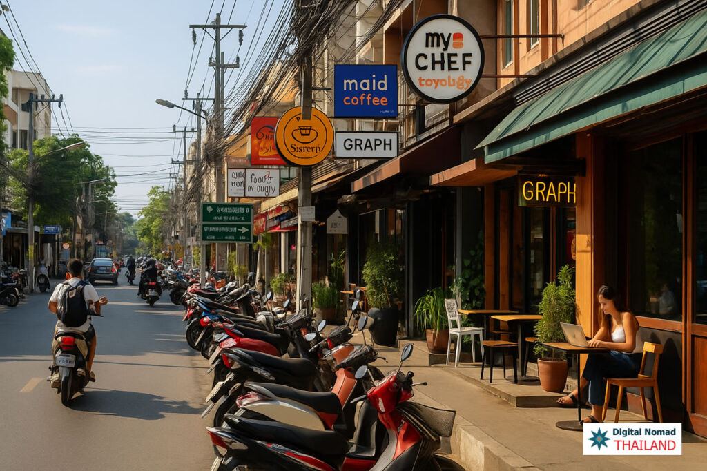 Street view of Nimmanhaemin in Chiang Mai with scooters, cafés, co-working signs, and a woman working on a laptop outside a café — capturing the city’s digital nomad vibe.