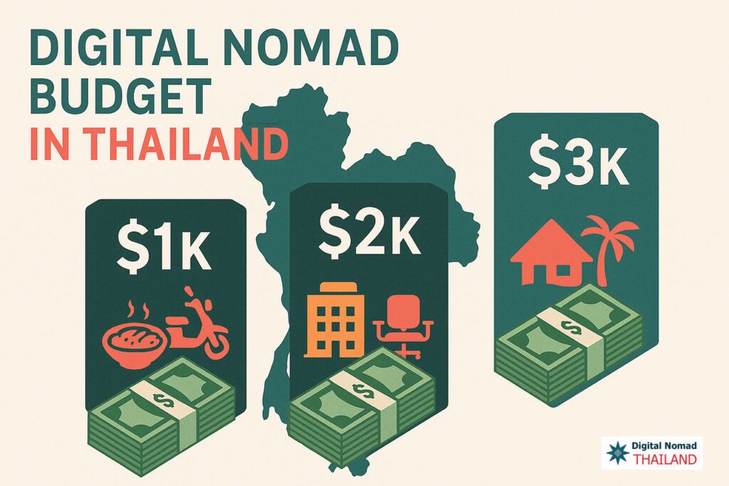Infographic showing three digital nomad budget tiers in Thailand: $1k with street food and scooter, $2k with condo and coworking, $3k with villa and palm tree lifestyle.