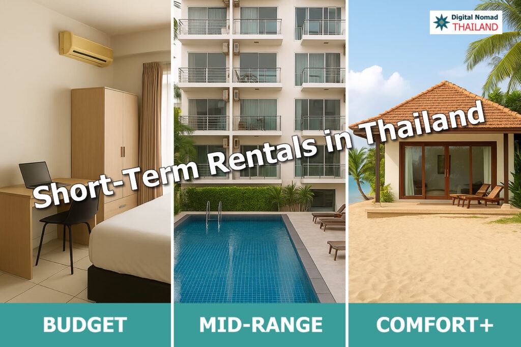 Comparison of short-term rental options in Thailand showing a budget studio, a mid-range condo with pool, and a beachfront villa for comfort living